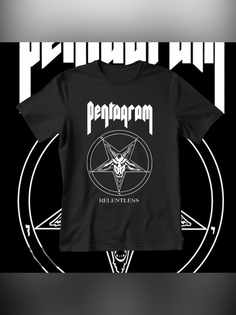 Gildan Black Tee with White Pentagram Relentless rams head satanic metal graphic